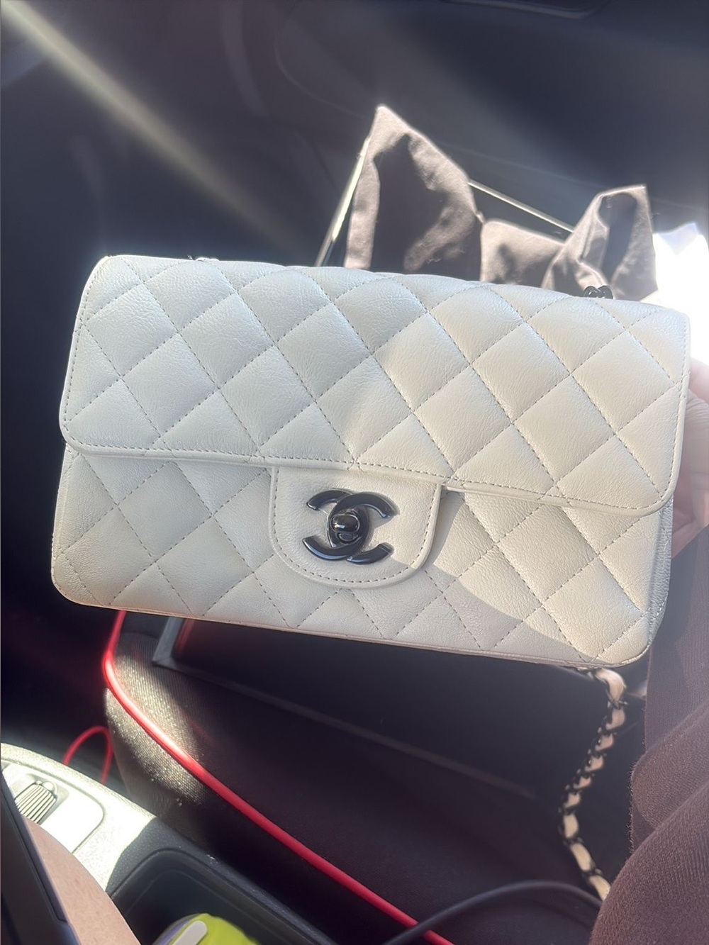 CHANEL White Calfskin Mini Rectangle Flap with Black Hardware